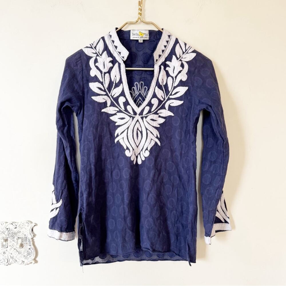 Bella Tu Navy and White Cotton Embroidered Tunic Top 2 / XS